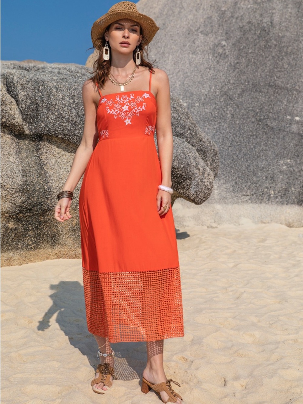 🧡 Hello Gorgeous! Embroidered Square Neck Midi Cami Dress - Picture 2 of 12